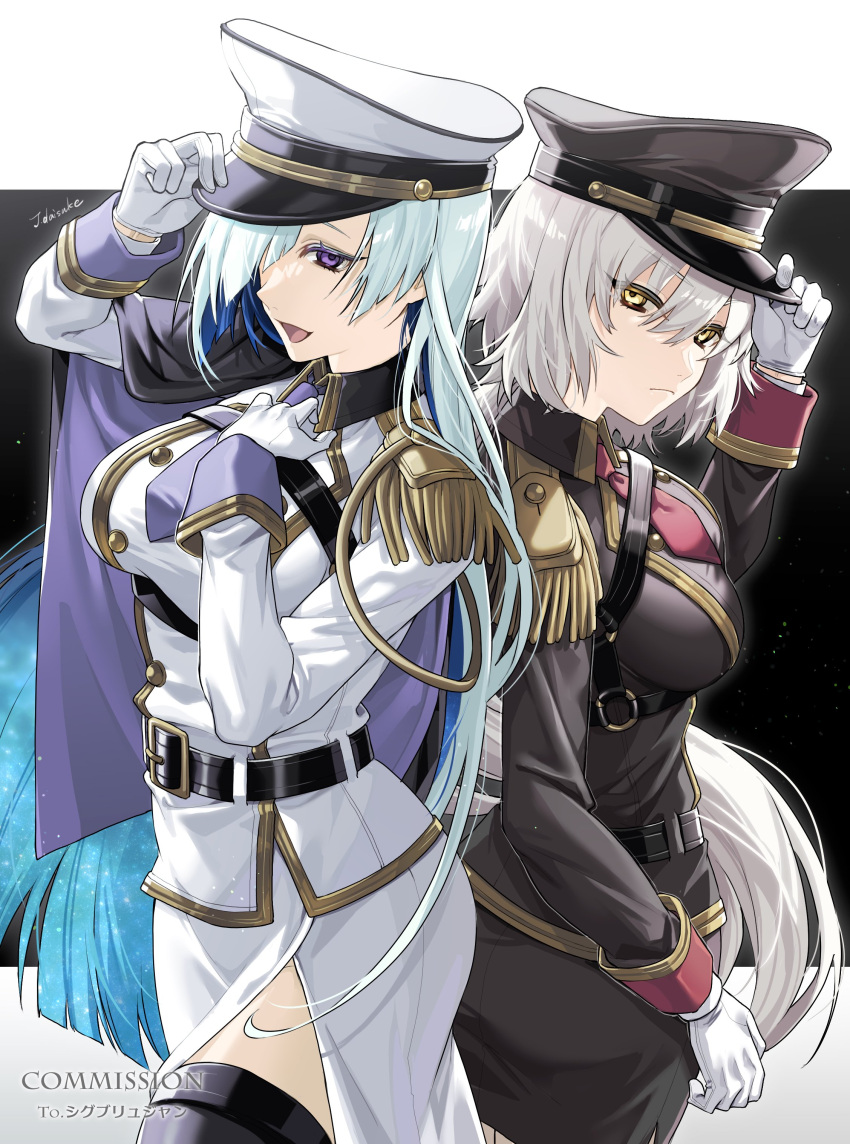 2girls absurdres ahoge aiguillette blue_hair blush breasts brynhildr_(fate) epaulettes fate/apocrypha fate/grand_order fate/prototype fate/prototype:_fragments_of_blue_and_silver fate_(series) hair_ornament hair_over_one_eye hat highres imperial_japanese_army jeanne_d'arc_alter_(fate) large_breasts long_hair looking_at_viewer military military_hat military_uniform multiple_girls open_mouth peaked_cap purple_eyes skirt smile tatsuma_daisuke uniform very_long_hair white_hair yellow_eyes