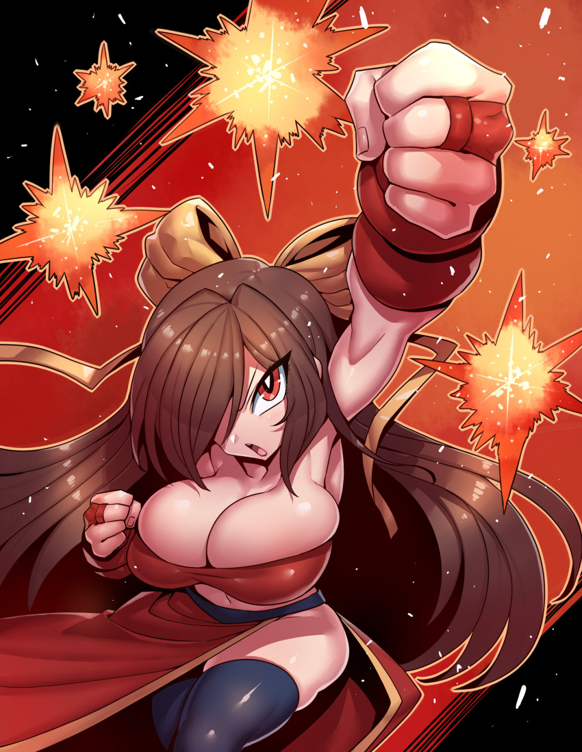 1girl arm_above_head armpits ass black_thighhighs breasts brown_hair cleavage clenched_hands commission cowboy_shot fight'n_rage gal_(fight'n_rage) gloves hair_over_one_eye hair_ribbon highres huge_breasts long_hair long_skirt looking_at_viewer looking_up navel no_panties outline partially_fingerless_gloves raised_fist red_eyes red_gloves red_skirt red_tube_top ribbon serious shiny_skin shouting side_slit skeb_commission skindentation skirt solo sparks stomach strapless thighhighs tube_top tukiwani very_long_hair yellow_ribbon