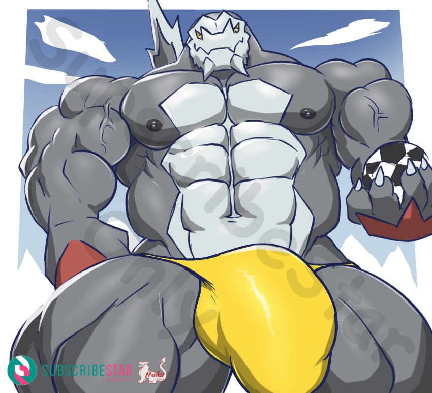 abs anthro areola baxcalibur biceps bulge claws generation_9_pokemon grey_body hi_res male masterelrest muscular muscular_anthro muscular_male nintendo nipples pecs pokemon pokemon_(species) smile smiling_at_viewer solo vein veiny_muscles