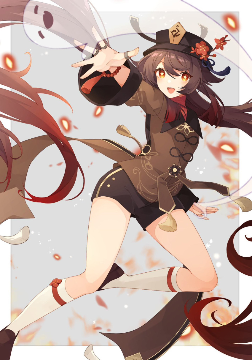 1girl bead_bracelet beads black_headwear black_shorts boo_tao_(genshin_impact) bracelet brown_hair commission fire flower flower-shaped_pupils genshin_impact ghost gradient_hair hair_between_eyes hat hat_flower highres hu_tao_(genshin_impact) jewelry long_hair long_sleeves looking_at_viewer multicolored_hair multiple_rings open_mouth red_eyes red_flower red_hair ring shakemi_(sake_mgmgmg) shoes short_shorts shorts simple_background skeb_commission socks symbol-shaped_pupils tassel twintails very_long_hair white_socks
