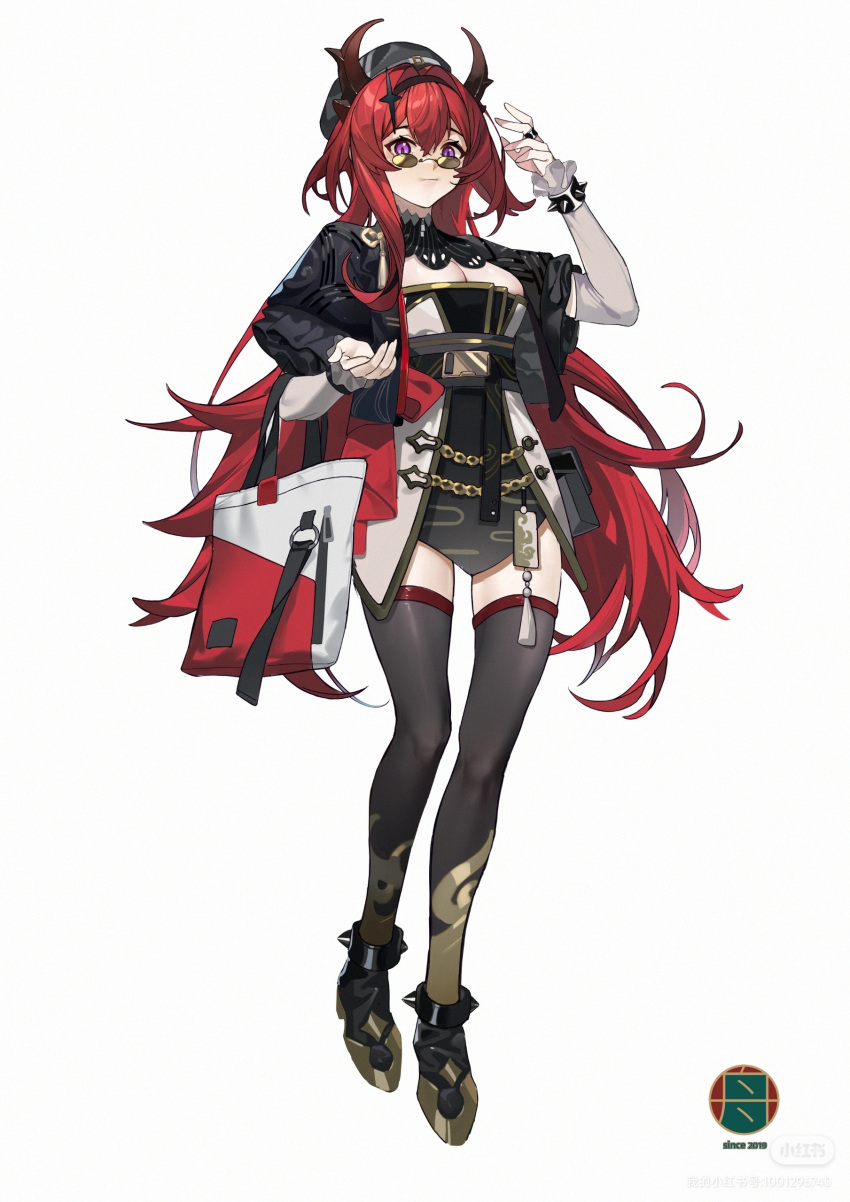 1girl absurdres alternate_costume arknights bag black_dress black_jacket black_thighhighs breasts cleavage cropped_jacket demon_horns dress full_body highres holding holding_bag horns jacket long_hair looking_at_viewer lushi_jin_up open_clothes open_jacket red_hair small_breasts solo standing sunglasses surtr_(arknights) tachi-e thighhighs tinted_eyewear very_long_hair yellow-tinted_eyewear