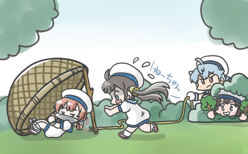 1girl basket black_hair blue_eyes blue_sailor_collar bound bound_ankles bound_wrists brown_eyes brown_hair bush commentary_request daitou_(kancolle) dress drop_trap ferret-san flying_sweatdrops gagged hair_rings hat hiding kaiboukan_no._22_(kancolle) kaiboukan_no._4_(kancolle) kantai_collection long_hair low_twintails puffy_short_sleeves puffy_sleeves rope sado_(kancolle) sailor_collar sailor_dress sailor_hat short_sleeves solo stick tied_up_(nonsexual) twintails white_dress white_headwear