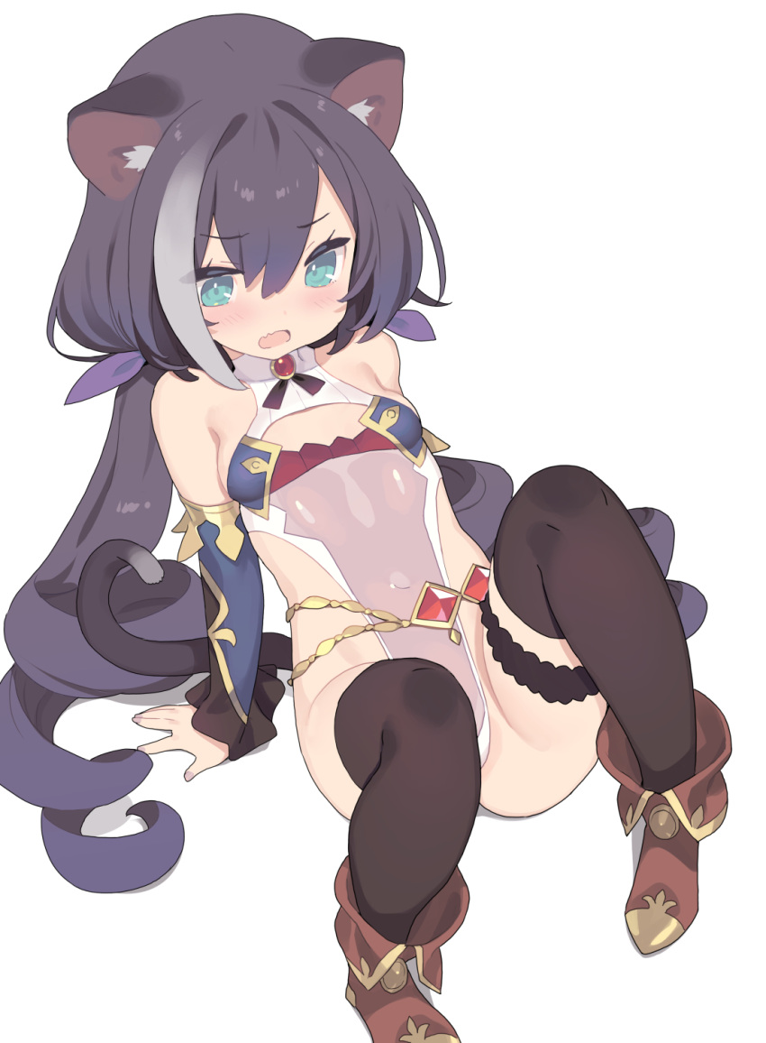 1girl alternate_costume animal_ear_fluff animal_ears arm_support black_hair black_thighhighs blade_(galaxist) boots breasts brown_footwear cat_ears cat_girl cat_tail hair_ribbon highres karyl_(princess_connect!) long_hair looking_down low_twintails multicolored_hair princess_connect! purple_ribbon ribbon simple_background sitting small_breasts solo streaked_hair tail thigh_strap thighhighs twintails white_background white_hair