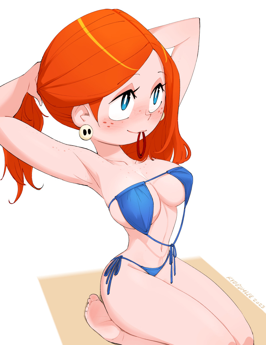 1girl absurdres adjusting_hair barefoot bikini blue_bikini blue_eyes blush borrowed_design breasts cleavage commentary earrings english_commentary freckles front-tie_bikini_top front-tie_top hair_tie_in_mouth highres jewelry katie_(kyu-bum_lee) kyu-bum_lee long_hair medium_breasts mouth_hold nose_blush orange_hair original seiza side-tie_bikini_bottom sideboob sitting skull_earrings soles solo swimsuit toes