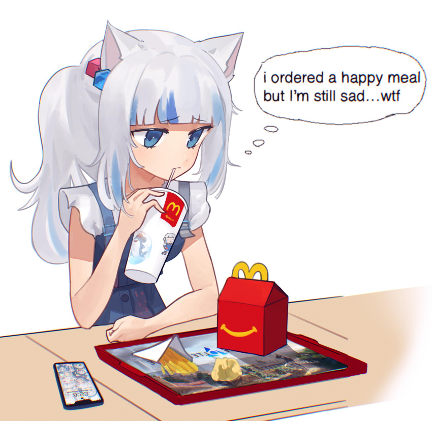 1girl absurdres after_meal animal_ears bloop_(gawr_gura) blue_hair cat_ears cellphone commentary cookiedusty crumpled_paper cube_hair_ornament cup derivative_work disposable_cup drinking drinking_straw drinking_straw_in_mouth english_text food french_fries frown gawr_gura gawr_gura_(2nd_costume) grey_hair hair_ornament hand_on_table happy_meal highres hololive hololive_alternative hololive_english mcdonald's meme multicolored_hair phone restaurant sad simple_background sitting smartphone solo streaked_hair thought_bubble tray virtual_youtuber walfie_(style) white_background