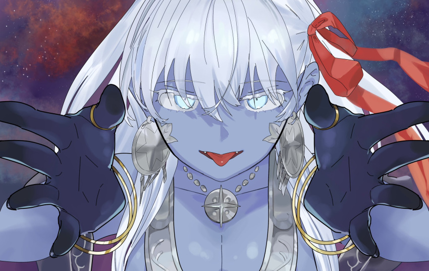 1girl bare_shoulders blue_eyes blue_skin bracelet breasts cleavage collarbone colored_skin earrings fangs fate/grand_order fate_(series) hair_ribbon highres jewelry kali_(fate) kousaiiii large_breasts leaning_forward long_hair looking_at_viewer neck_ring necklace open_mouth outstretched_arms ribbon sash sky smile solo star_(sky) starry_sky thumb_ring tongue tongue_out very_long_hair white_hair
