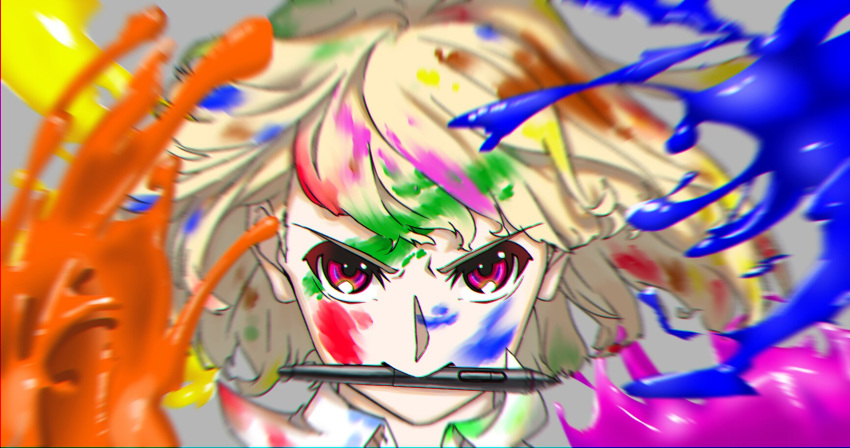 1other androgynous blonde_hair commentary_request ebata_kyouhei highres mouth_hold original other_focus paint paint_in_hair paint_on_body paint_on_clothes paint_splatter paint_splatter_on_face portrait purple_eyes serious stylus v-shaped_eyebrows