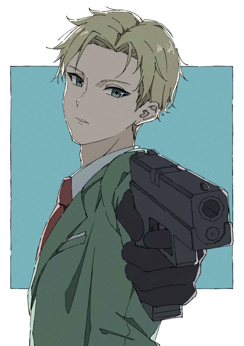 1boy aiming aiming_at_viewer black_gloves blonde_hair blue_background blue_eyes collared_shirt finger_on_trigger gloves green_jacket gun handgun highres holding holding_gun holding_weapon jacket komura_hiroto looking_at_viewer necktie outstretched_arm red_necktie shirt spy_x_family suit_jacket twilight_(spy_x_family) two-tone_background upper_body weapon white_background white_shirt