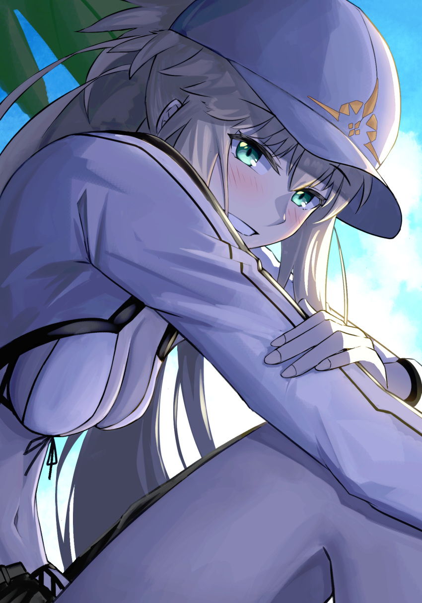 1girl artoria_caster_(fate) artoria_caster_(swimsuit)_(fate) artoria_pendragon_(fate) bikini blonde_hair blush breasts cropped_jacket fate/grand_order fate_(series) green_eyes hat highres jacket long_hair long_sleeves looking_at_viewer medium_breasts navel outdoors sakahoko sitting smile solo striped striped_jacket swimsuit white_bikini white_headwear white_jacket