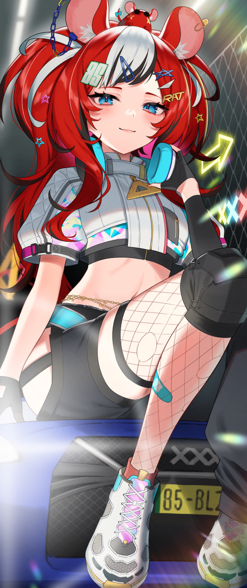 1girl absurdres animal_ears asymmetrical_legwear bandaid bandaid_on_leg bare_hips belt black_gloves black_hair blue_eyes boots breasts car chain_belt fishnet_thighhighs fishnets gloves gukurosawa01 hair_ornament hairclip hakos_baelz highres holocouncil hololive hololive_english jacket knee_pads long_hair looking_at_viewer medium_breasts midriff mismatched_legwear motor_vehicle mouse_ears mouse_girl mouse_on_head mouse_tail mr._squeaks_(hakos_baelz) multicolored_clothes multicolored_hair multicolored_jacket navel official_alternate_costume official_alternate_hairstyle red_hair short_sleeves single_knee_pad sitting sitting_on_car smile smug solo streaked_hair tail thighhighs virtual_youtuber white_hair