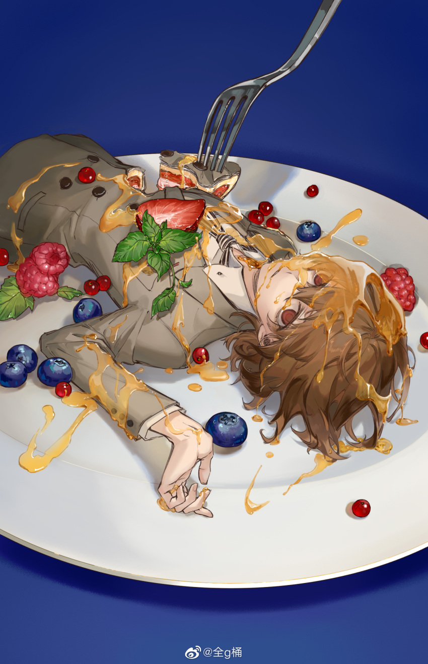 1boy akechi_gorou blue_background blueberry brown_eyes brown_hair chinese_commentary collared_shirt food fork fruit grey_jacket hair_between_eyes highres jacket long_sleeves looking_at_viewer lying male_focus necktie on_back on_plate parted_lips persona persona_5 plate quan_g_tong raspberry shirt short_hair solo strawberry syrup weibo_username white_shirt