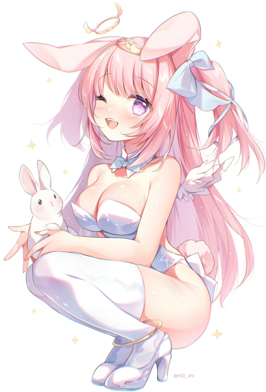 1girl :d absurdres angel_wings animal animal_ears bare_arms bare_shoulders blush bow bowtie breasts cleavage collar detached_collar ear_down from_side full_body gau_(n00_shi) hair_bow hair_ribbon halo high_heels highres holding holding_animal holding_rabbit indie_virtual_youtuber kneeling legs_together leotard long_hair looking_at_viewer looking_to_the_side mashiro_mayu medium_breasts one_eye_closed open_mouth pink_eyes pink_hair playboy_bunny rabbit rabbit_ears rabbit_tail ribbon sidelocks simple_background smile solo star_(symbol) swept_bangs tail teeth thighhighs tiara tongue twitter_username two_side_up upper_teeth_only virtual_youtuber white_background white_bow white_bowtie white_collar white_footwear white_leotard white_ribbon white_thighhighs wings