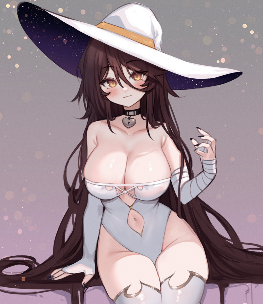 :3 absurdly_long_hair absurdres arm_support bandaged_arm bandages bare_hips bare_shoulders black_choker black_nails blush breasts brown_hair choker cleavage clothing_cutout collarbone cowboy_shot criss-cross_straps fingerless_gloves gloves hair_between_eyes hand_up hat head_tilt heart heart_choker highleg highleg_leotard highres invisible_chair large_breasts leaning_to_the_side leotard long_bangs long_hair looking_at_viewer low_neckline navel navel_cutout original simple_background single_fingerless_glove sitting sky_above_me smile starry_sky_print straight-on strapless strapless_leotard thighhighs very_long_hair white_headwear white_leotard white_thighhighs witch witch_hat yellow_eyes