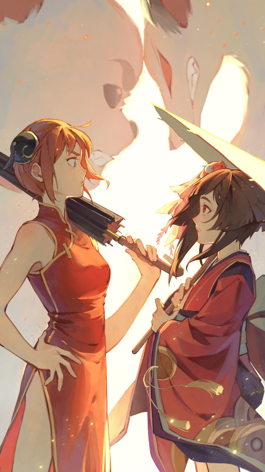 2girls absurdres animal annoyed bare_arms bare_shoulders blue_eyes breasts brown_hair bun_cover carrying_over_shoulder clenched_teeth closed_umbrella cowboy_shot crossover dog dress eye_contact faceoff flat_chest floating_clothes floating_hair fox from_side gintama hair_bun hair_ornament hand_up highres holding holding_umbrella japanese_clothes kagura_(gintama) kagura_(onmyoji) kimono kohaku_(onmyoji) light_particles long_sleeves looking_at_another multiple_girls name_connection obi onmyoji orange_hair oversized_animal profile red_dress red_eyes red_kimono sadaharu sash short_hair_with_long_locks side_slit simple_background sleeveless sleeveless_dress tassel teeth tuolingshengyang umbrella updo white_background wide_sleeves