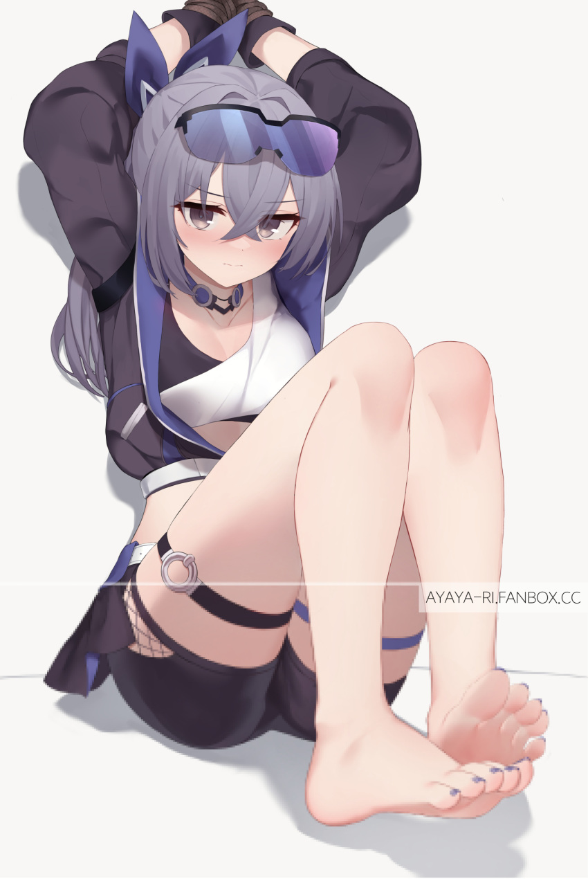 1girl arms_up ayaya_(ayaya_ri) barefoot black_gloves black_jacket black_shorts black_sports_bra bound bound_wrists breasts censored censored_feet closed_mouth crossed_bangs eyewear_on_head feet fishnets full_body gloves gradient-tinted_eyewear grey_background grey_eyes grey_hair hair_between_eyes highres honkai:_star_rail honkai_(series) jacket knees_up legs legs_together long_hair looking_at_viewer mosaic_censoring nail_polish open_clothes open_jacket paid_reward_available ponytail purple-tinted_eyewear shadow shirt short_shorts shorts silver_wolf_(honkai:_star_rail) simple_background single-shoulder_shirt solo sports_bra thigh_strap thighs tinted_eyewear toenail_polish toenails toes