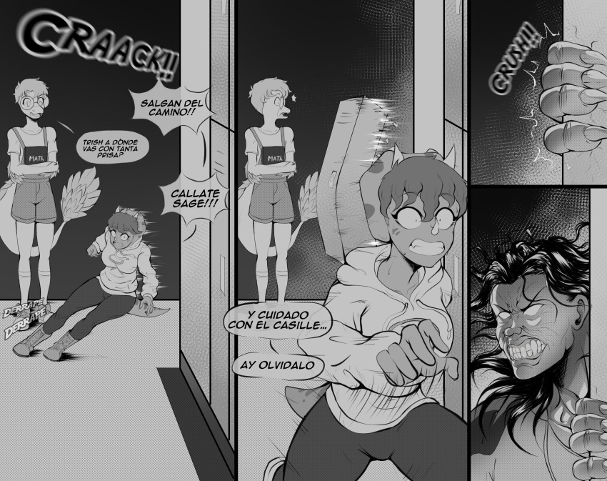 anthro baki_the_grappler boots breasts ceratopsian clothing comic dialogue dinosaur dromaeosaurid feathers female footwear goodbye_volcano_high group hair hi_res hoodie human long_tail male mammal microraptor netardado ornithischian pickle_(baki_the_grappler) plantigrade reptile running sage_(gvh) scalie spanish_text tail tail_feathers text theropod topwear triceratops trio trish_(gvh)