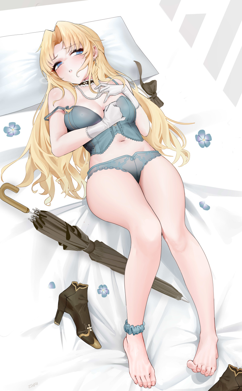 1girl absurdres azur_lane barefoot blonde_hair blue_bra blue_eyes blue_flower blue_panties bra breasts brown_footwear earrings flower gloves high_heels highres jewelry lace-trimmed_bra lace-trimmed_panties lace_trim lingerie long_hair looking_at_viewer lying medium_breasts navel no_shoes on_back on_bed panties parted_bangs parted_lips pillow pink_nails signature solo stomach sweatdrop toes umbrella underwear vanguard_(azur_lane) white_gloves zhemuxuanhua