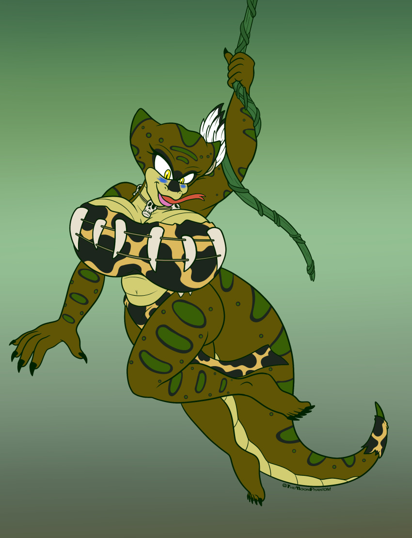 2023 absurd_res accessory action_pose anaconda animal_print anthro big_breasts biped black_claws black_markings black_spots boa_(snake) boinae bottomwear breasts claws clothed clothing countershade_face countershade_tail countershade_torso countershading feather_accessory female forked_tongue furgonomics green_eyes hi_res huge_breasts leopard_print lips loincloth looking_down markings navel pink_lips plant pose pupils reptile scalie shadowwalk simple_background skull_accessory slit_pupils snake solo spots spotted_body swinging tail tail_accessory toe_claws tongue tongue_out topwear tribal tribal_clothing tube_top vines yellow_body