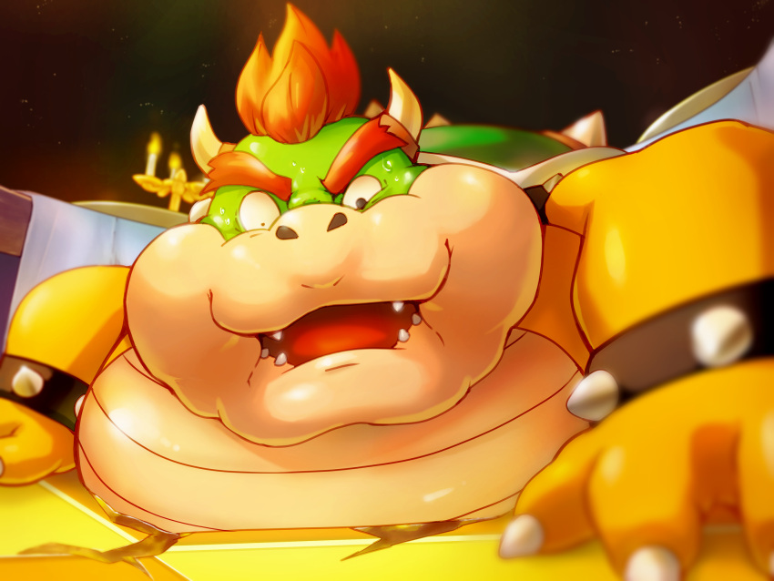 4:3 bowser chubby_cheeks hair hi_res horn male marcoisky mario_bros nintendo obese obese_male open_mouth overweight overweight_male red_hair scalie shocked_expression solo weight_gain