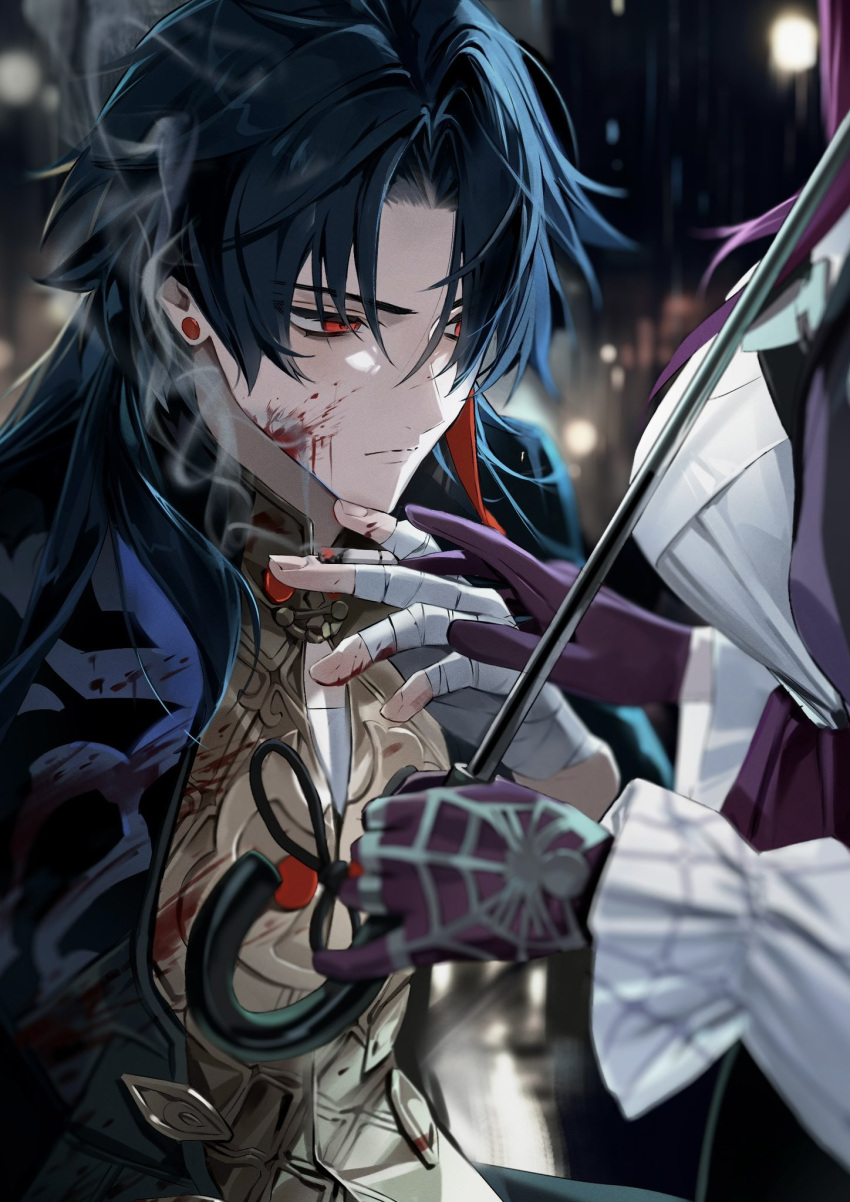 1boy 1girl bandaged_hand bandages blade_(honkai:_star_rail) blood blood_on_face blood_on_hands blue_hair blurry blurry_background blurry_foreground breasts cigarette commentary_request earrings fingernails frown gloves gold_shirt highres holding holding_umbrella honkai:_star_rail honkai_(series) jewelry kafka_(honkai:_star_rail) keki_chogyegi korean_commentary long_hair long_sleeves looking_to_the_side male_focus medium_breasts multiple_rings out_of_frame outdoors parted_bangs purple_gloves purple_hair rain red_eyes ring shirt smoke smoking solo_focus spider_web_print tassel tassel_earrings umbrella upper_body white_shirt