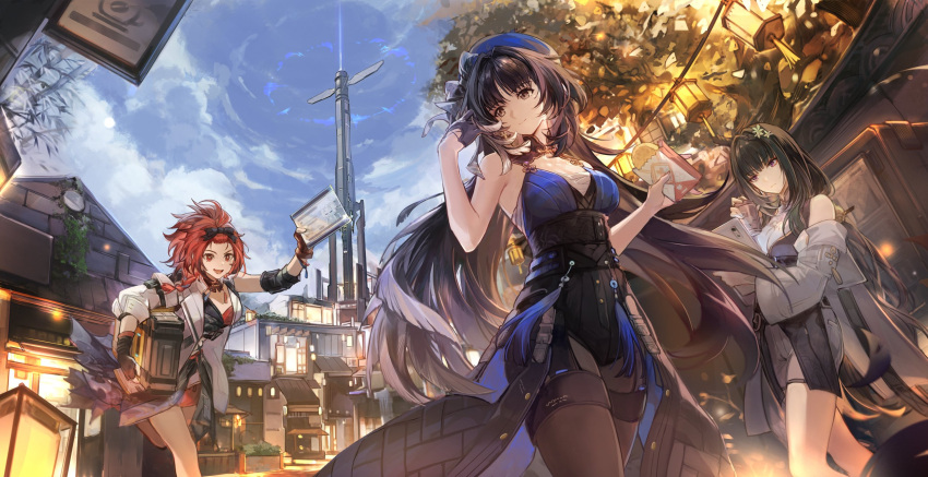 3girls arm_up bailian_(wuthering_waves) bandages bare_shoulders black_hair blue_headwear blue_sky box breasts brown_eyes chixia_(wuthering_waves) city cloud cloudy_sky csyday cup food gloves hair_ornament highres holding holding_box holding_cup holding_food jacket lantern long_hair mail medium_breasts medium_hair multicolored_hair multiple_girls open_clothes open_jacket open_mouth outdoors red_eyes red_hair red_skirt ribbon running skirt sky smile standing tassel tower tree vending_machine white_hair white_jacket wuthering_waves yangyang_(wuthering_waves)