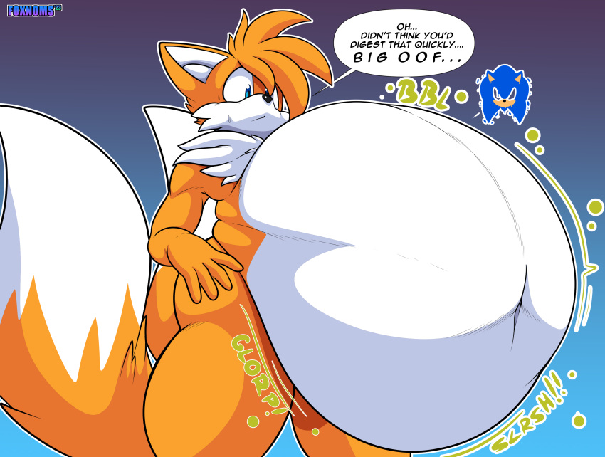 2_tails absurd_res accidental_digestion aged_up anthro belly big_belly canid canine dialogue digestion duo eulipotyphlan fatal_vore fox foxynoms fur hedgehog hi_res male male/male mammal miles_prower multi_tail navel orange_body orange_fur overweight rumbling_stomach sega sonic_the_hedgehog sonic_the_hedgehog_(series) tail vore watermark