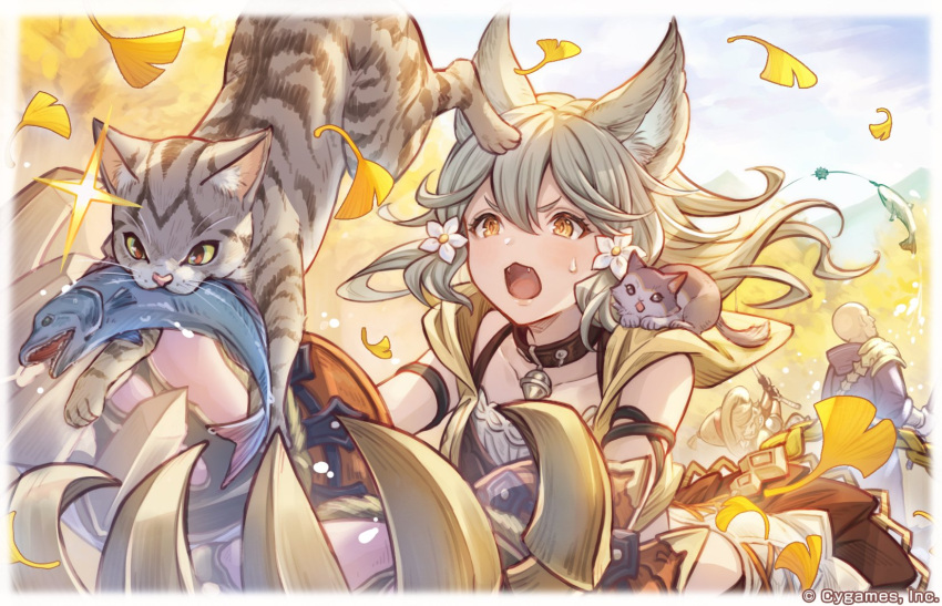 1girl 2boys animal animal_collar animal_ears brown_eyes cat claw_(weapon) cloud collar dante_(granblue_fantasy) day erune fangs fish flower food granblue_fantasy grey_hair hair_flower hair_ornament harvin highres hood hood_down long_hair minaba_hideo multiple_boys official_art open_mouth orange_eyes outdoors sen_(granblue_fantasy) sky weapon white_flower yodarha_(granblue_fantasy) young_cat_(granblue_fantasy)