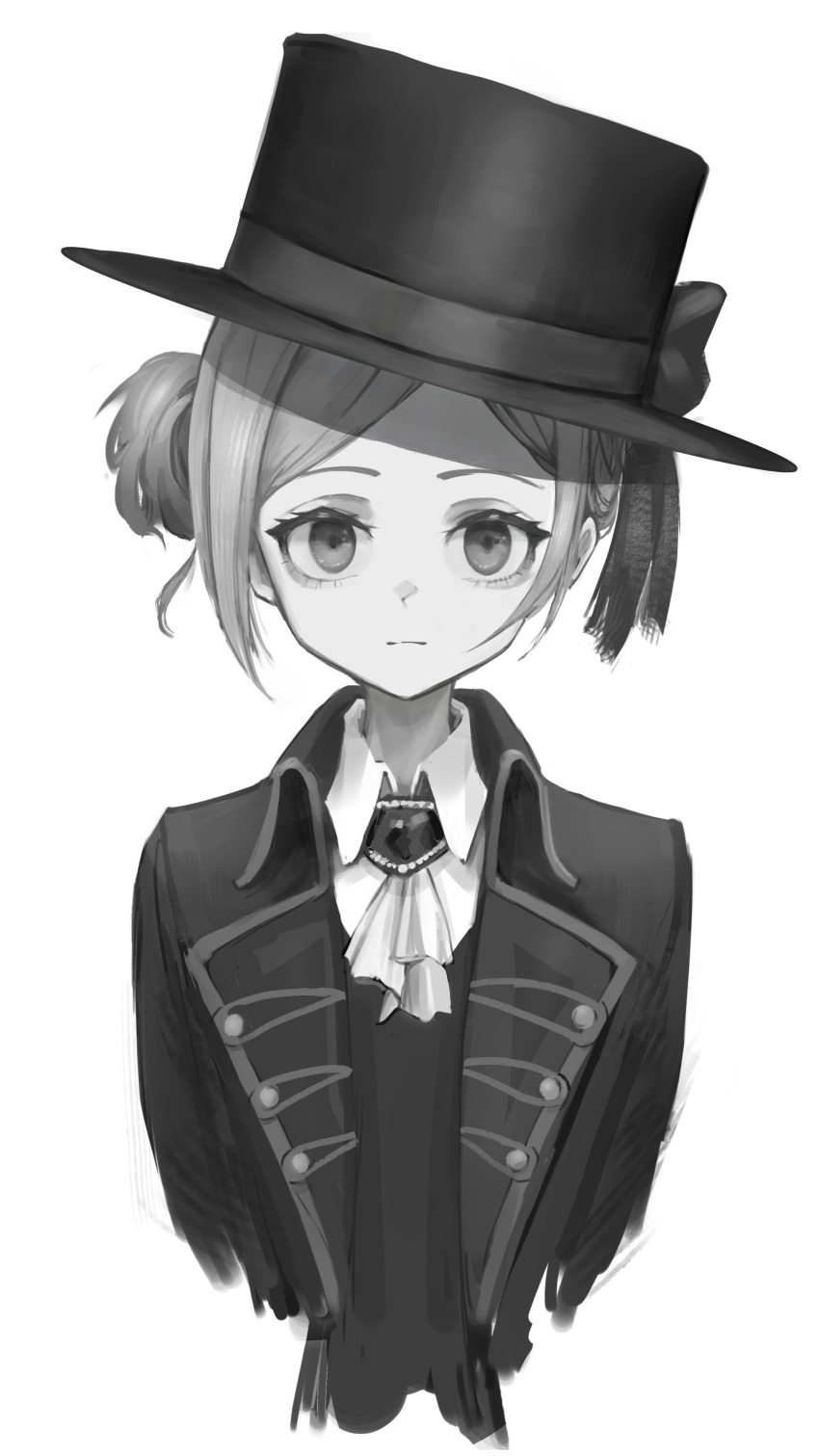 1girl absurdres ascot boater_hat bow closed_mouth collared_shirt cropped_arms cropped_torso dress_shirt expressionless greyscale hair_bun hat hat_bow highres jacket kenko_(kenko33333) looking_at_viewer monochrome parted_bangs reverse:1999 shirt short_hair single_side_bun solo suit tilted_headwear upper_body vertin_(reverse:1999) waistcoat white_background white_shirt