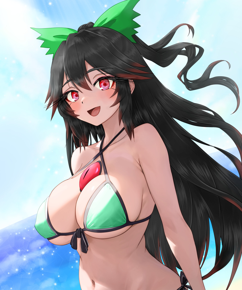 1girl :d absurdres bare_shoulders bikini black_hair blush bow breasts chest_jewel day eyelashes green_bikini green_bow hair_between_eyes hair_bow halterneck happy highres large_breasts long_hair navel no_wings open_mouth outdoors red_eyes reiuji_utsuho sidelighting smile solo sugar_you swimsuit touhou very_long_hair