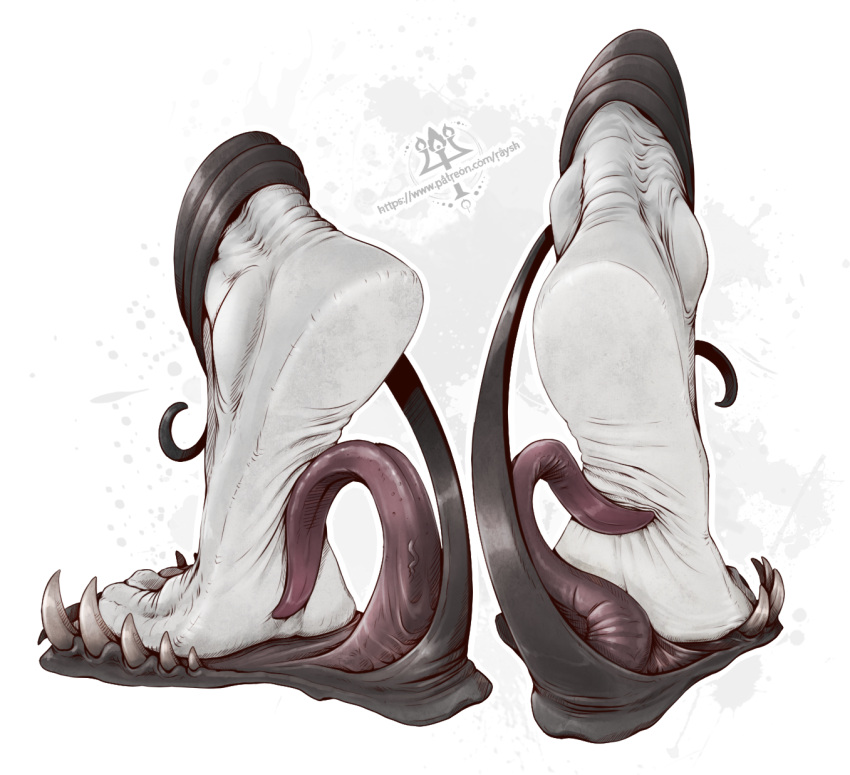 anthro barefoot claws dragon duo feet foot_fetish foot_focus foot_lick foot_play hi_res kredri licking male monster open_mouth paws scalie simple_background soles solo teeth toe_claws toes tongue tongue_out