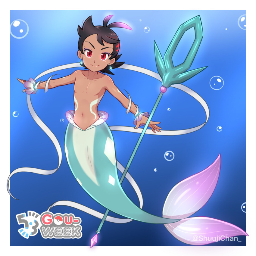 1boy air_bubble antenna_hair bead_bracelet beads black_hair blue_background border bracelet bubble character_name closed_mouth collarbone commentary_request dark-skinned_male dark_skin earrings eyelashes eyeshadow full_body glowing glowing_earrings goh_(pokemon) highres jewelry looking_at_viewer makeup male_focus merman monster_boy navel no_nipples otoko_no_ko outstretched_arms pokemon pokemon_(anime) pokemon_journeys polearm red_eyes sara_bon smile solo topless_male trident underwater weapon white_border wrist_cuffs