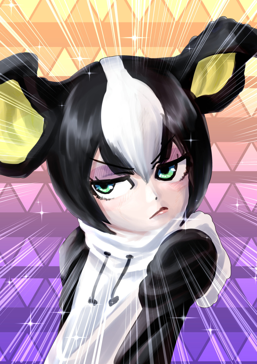 1girl absurdres animal_ears black_hair byackopath_(artist) commentary dog_ears dog_girl emphasis_lines green_eyes highres hood hoodie humanization iggy_(jojo) jojo_no_kimyou_na_bouken kemono_friends multicolored_hair patterned_background solo two-tone_hair white_hair