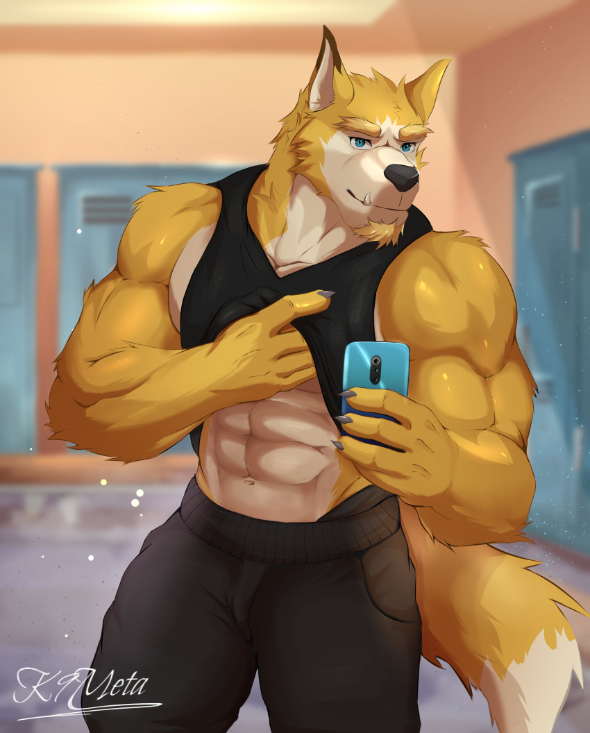 absurd_res after_exercise anthro arm_tuft athletic athletic_anthro athletic_male beard biceps black_nose blue_eyes blurred_background bottomwear canid canine canis claws clothed clothing clothing_lift detailed_background eyebrows facial_hair facial_tuft fangs fur gym hair head_tuft hi_res holding_object holding_phone inside k9_meta locker locker_room looking_ahead male mammal muscular muscular_anthro muscular_male pants particles phone pupils selfie shirt shirt_lift slit_pupils solo tail tail_tuft teeth topwear tuft watermark wolf yellow_body yellow_fur