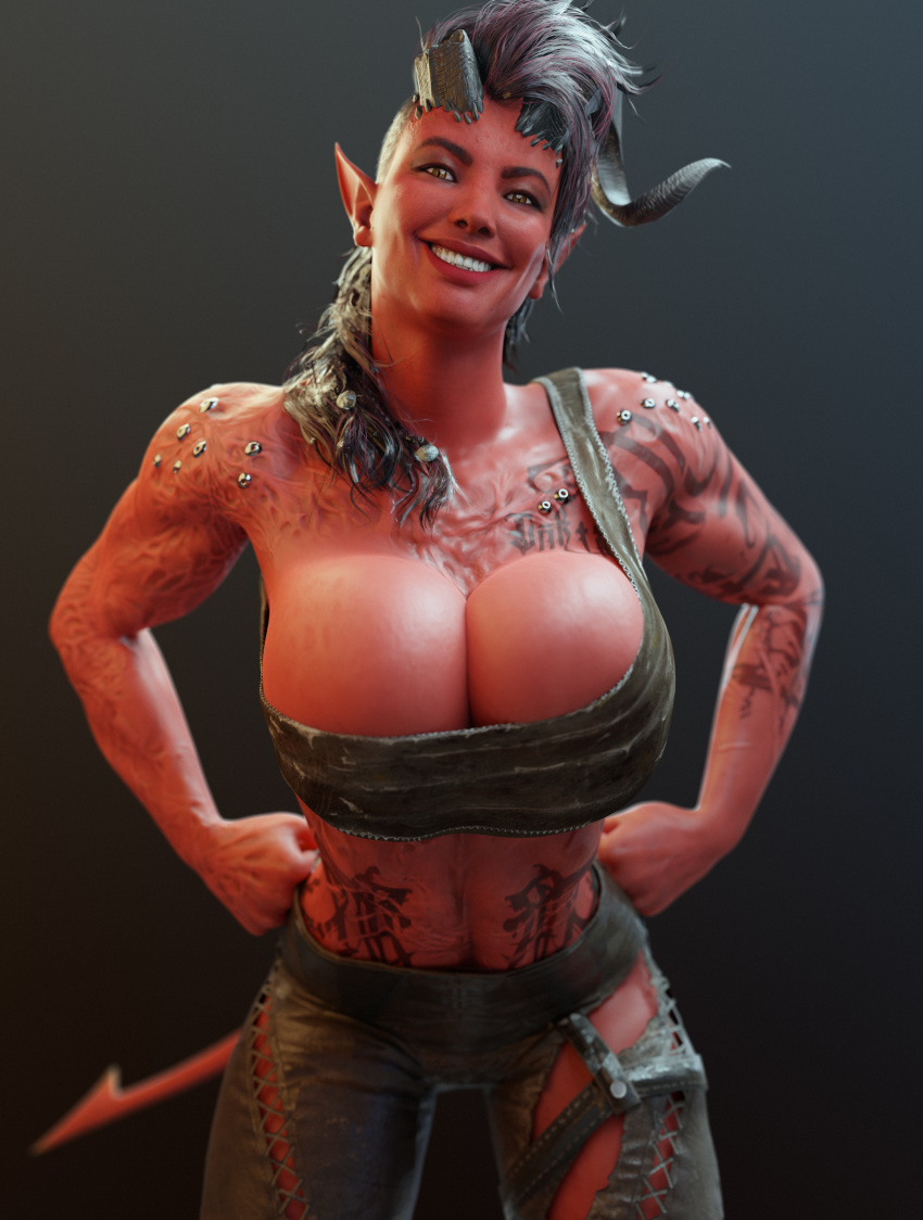 absurd_res baldur's_gate baldur's_gate_3 batesz2 big_breasts breasts cleavage clothed clothing demon demon_humanoid female hi_res horn horned_humanoid humanoid humanoid_pointy_ears karlach markings muscular muscular_female muscular_humanoid smile solo straps straps_across_chest tiefling