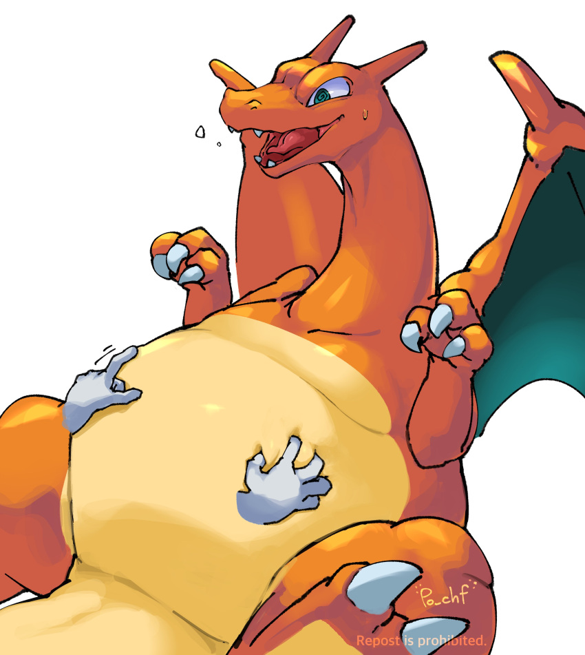 absurd_res ambiguous_gender belly big_belly bodily_fluids charizard claws disembodied_hand feral generation_1_pokemon hi_res nintendo open_mouth po_chf pokemon pokemon_(species) scalie solo spiral_eyes sweat