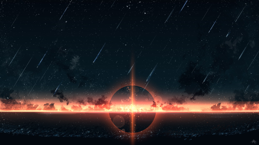 chinese_commentary commentary highres horizon lens_flare light_particles meteor_shower night night_sky no_humans original outdoors rune_xiao scenery signature sky star_(sky) starry_sky still_life sun sunset