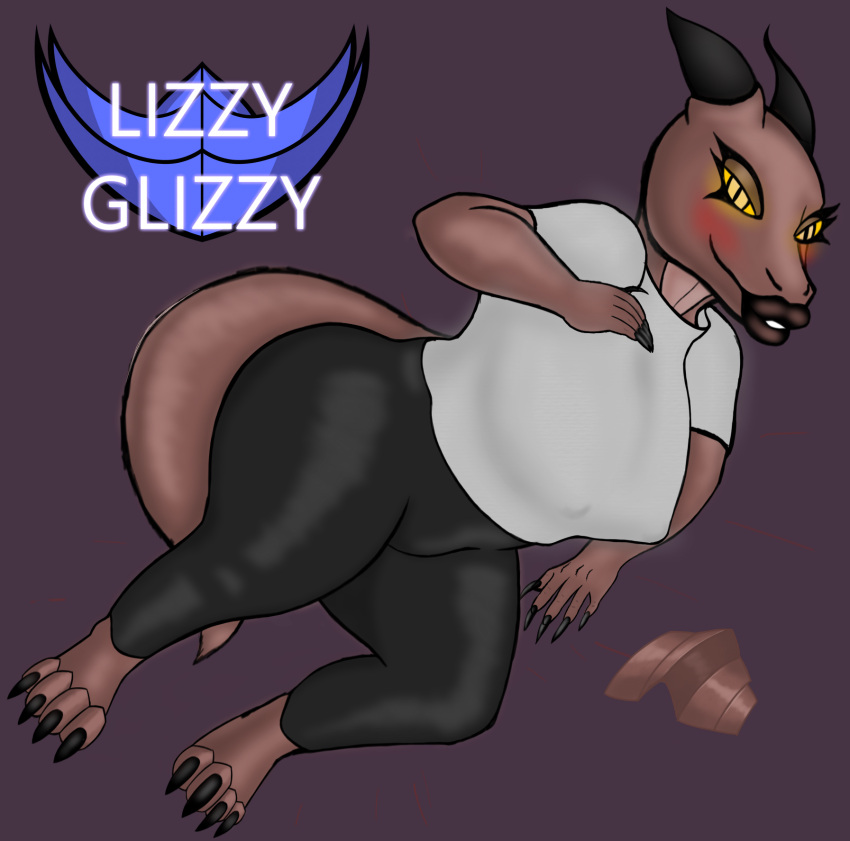 anthro big_breasts biped black_claws black_clothing black_horn blush bottomwear breasts bronze_(metal) brown_body brown_lips brown_lipstick brown_scales brown_tail claws clothing dragon eyelashes female glowing glowing_eyes hi_res horn lips lizzyglizzy looking_at_viewer multicolored_body multicolored_scales paws scales signature solo tail topwear two_tone_body two_tone_scales white_clothing yellow_eyes