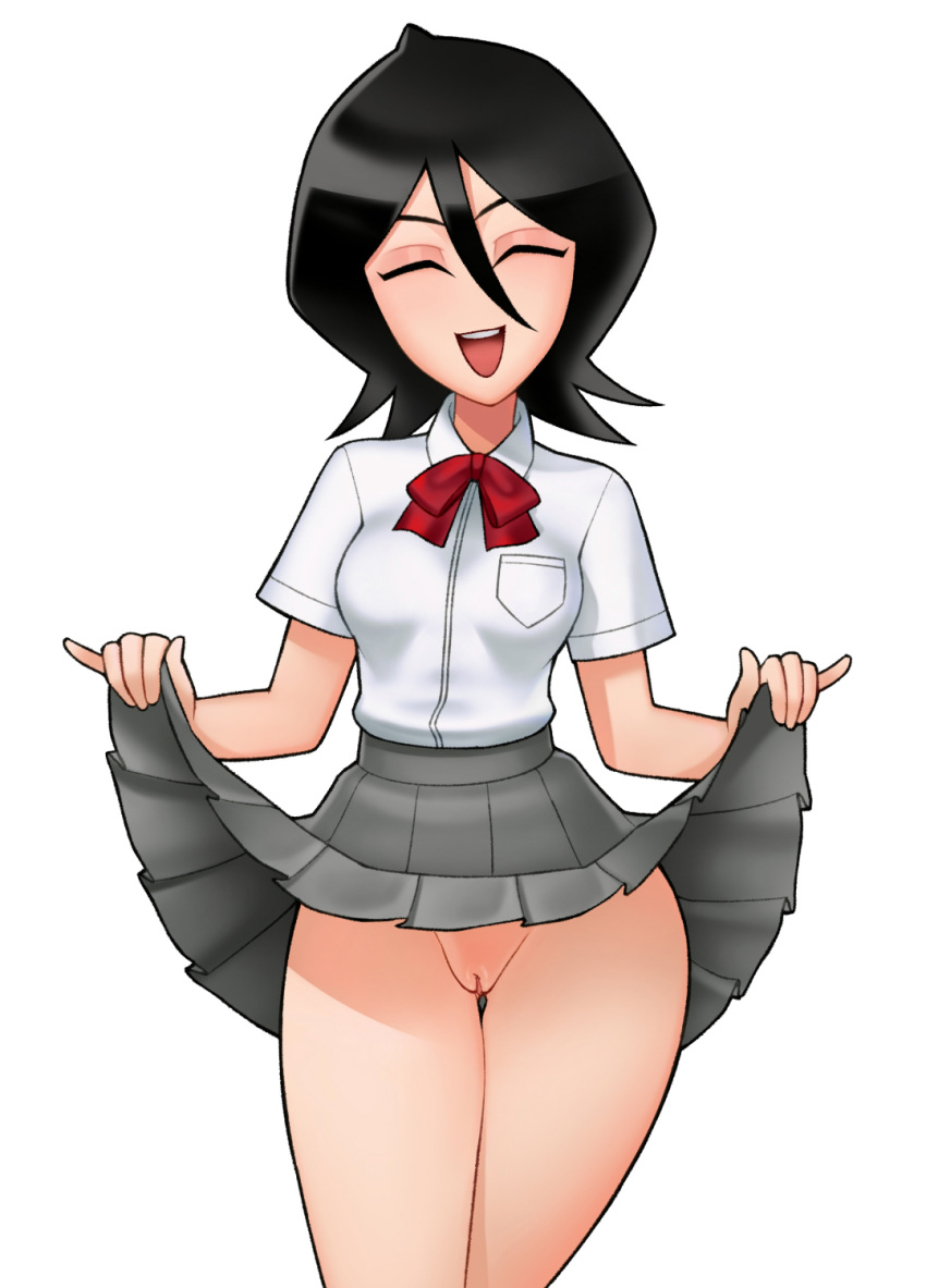 1girl :d black_hair bleach bow bowtie breast_pocket breasts closed_eyes clothes_lift collared_shirt cowboy_shot crossed_legs curtsey dress_shirt english_commentary facing_viewer grey_skirt hair_between_eyes head_tilt highres kuchiki_rukia lifted_by_self long_bangs loodncrood no_panties open_mouth pinky_out pleated_skirt pocket pussy red_bow red_bowtie school_uniform shirt short_hair short_sleeves simple_background skirt skirt_lift small_breasts smile solo teeth thigh_gap uncensored upper_teeth_only white_background white_shirt