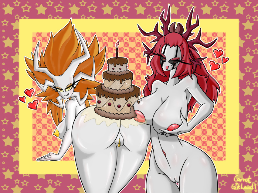 &lt;3 amber_(carrotgitlewd) anthro big_breasts big_butt birthday birthday_cake black_sclera breast_grab breasts butt cake candle carrotgitlewd checkered_background dessert duo elemental_creature elemental_humanoid eyelashes eyeshadow fan_character female female/female flora_fauna food food_fetish food_play genitals hair hand_on_breast hi_res hollow_knight horn humanoid long_hair looking_at_viewer makeup nipples nude orange_eyeshadow orange_hair pattern_background plant plant_humanoid pussy red_eyes red_eyeshadow red_hair red_nipples simple_background smile star team_cherry tongue tongue_out white_body yellow_eyes yellow_nipples