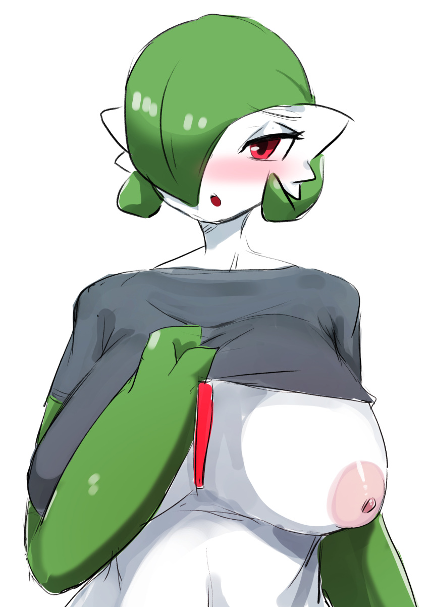 absurd_res areola blush breasts clothed clothing clothing_lift female front_view gardevoir generation_3_pokemon green_body hi_res humanoid menyang nintendo nipples open_mouth pink_areola pink_blush pink_nipples pokemon pokemon_(species) red_body red_eyes shirt shirt_lift simple_background solo topwear white_background white_body