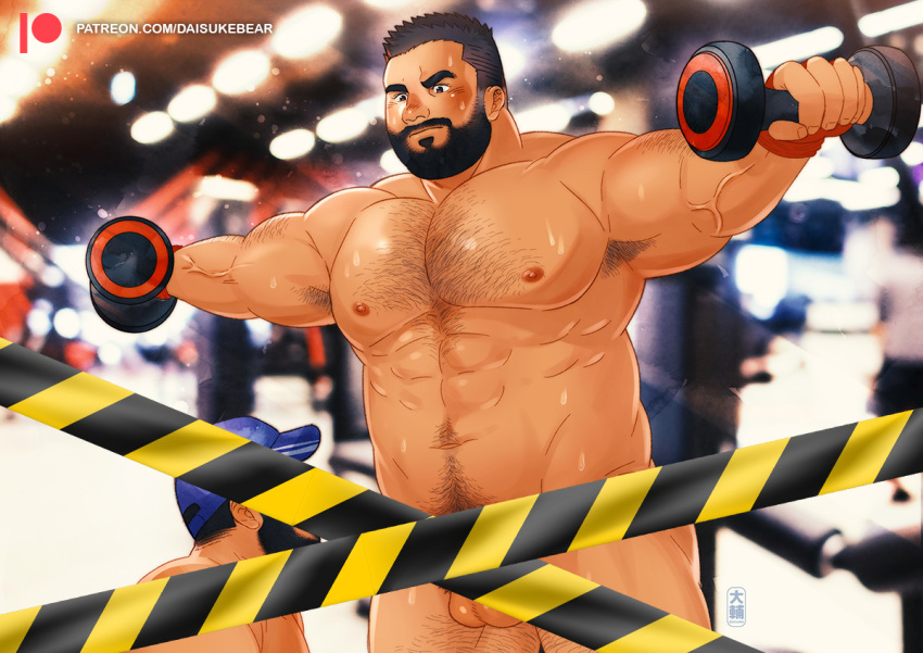 2boys abs armpit_hair bara baseball_bat beard black_hair blush censored chest_hair completely_nude concentrating daisukebear dumbbell exercise facial_hair feet_out_of_frame frown gym hairy imminent_fellatio large_pectorals leg_hair male_focus mature_male multiple_boys muscular muscular_male mustache navel navel_hair nipples nude original outstretched_arms paid_reward_available pectorals photo_background plump short_hair solo_focus spread_arms stomach strongman_waist testicle_peek thick_thighs thighs weightlifting yaoi