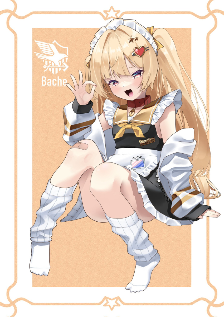 1girl :3 alternate_costume apron azur_lane bache_(azur_lane) bandaid bandaid_on_knee bandaid_on_leg blonde_hair character_name choker detached_sleeves eagle_union_(emblem) enmaided fang frills hair_ornament heart heart-shaped_pupils heart_hair_ornament highres knees_up leg_warmers long_hair looking_at_viewer maid maid_headdress marimo_daifuku ok_sign open_mouth red_choker sitting skin_fang solo star_(symbol) star_hair_ornament symbol-shaped_pupils two_side_up white_apron yellow_eyes