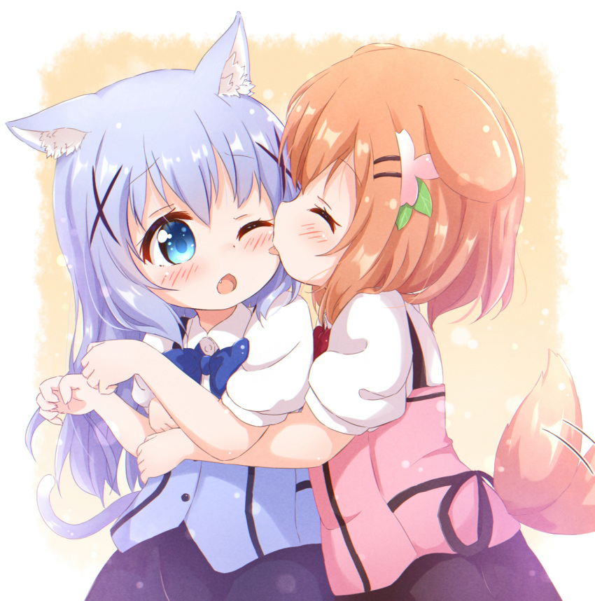2girls ^_^ afterimage animal_ear_fluff animal_ears araki495 black_skirt blue_eyes blue_hair blue_vest blush brown_hair cat_day cat_ears cat_girl cat_tail closed_eyes collared_shirt commentary_request dog_ears dog_girl dog_tail fang gochuumon_wa_usagi_desu_ka? highres hoto_cocoa kafuu_chino kemonomimi_mode licking licking_another's_cheek licking_another's_face long_hair multiple_girls one_eye_closed open_mouth pink_vest puffy_short_sleeves puffy_sleeves rabbit_house_uniform revision shirt short_sleeves skirt tail tail_wagging uniform very_long_hair vest waitress white_shirt yuri
