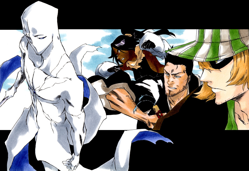 1girl 3boys absurdres aizen_sousuke beard_stubble black_border black_hair bleach blonde_hair blue_eyes bodysuit border breasts bucket_hat clenched_teeth closed_mouth coattails cracked_mask dark-skinned_female dark_skin facial_hair green_eyes hair_between_eyes hat highres holding holding_weapon ken'ichi_(ken1ro_u) kurosaki_isshin multiple_boys no_mouth orange_eyes parted_bangs ponytail purple_eyes shaded_face shihouin_yoruichi sideboob sky stubble teeth urahara_kisuke weapon