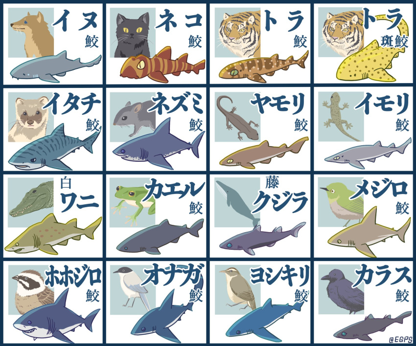 alligator animal animal_focus animal_request bird black_border blue_eyes border cat commentary_request crocodilian frog green_eyes highres lizard mouse no_humans original same_egaku_yatsu shark tiger tiger_shark translation_request whale