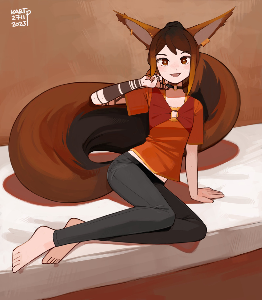 1girl absurdres animal_ears barefoot body_freckles brown_hair collar english_commentary freckles highres kart_prowler large_tail looking_at_viewer on_bed original signature squirrel_ears squirrel_girl squirrel_tail tail