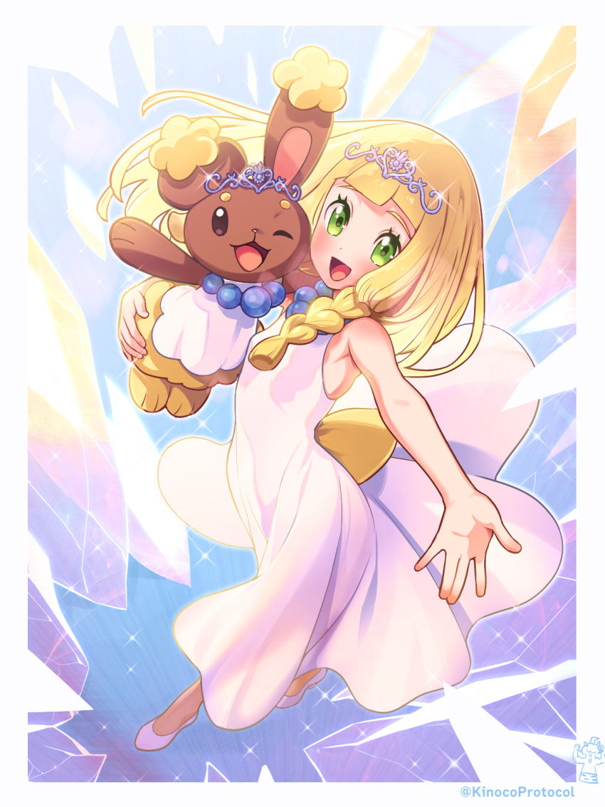 1girl :d blonde_hair blunt_bangs blush border buneary commentary_request dress eyelashes glint green_eyes happy highres kinocopro lillie_(pokemon) long_hair looking_at_viewer open_mouth outstretched_arm pokemon pokemon_(creature) pokemon_sm shoes sleeveless sleeveless_dress smile tongue twitter_username white_border white_dress white_footwear