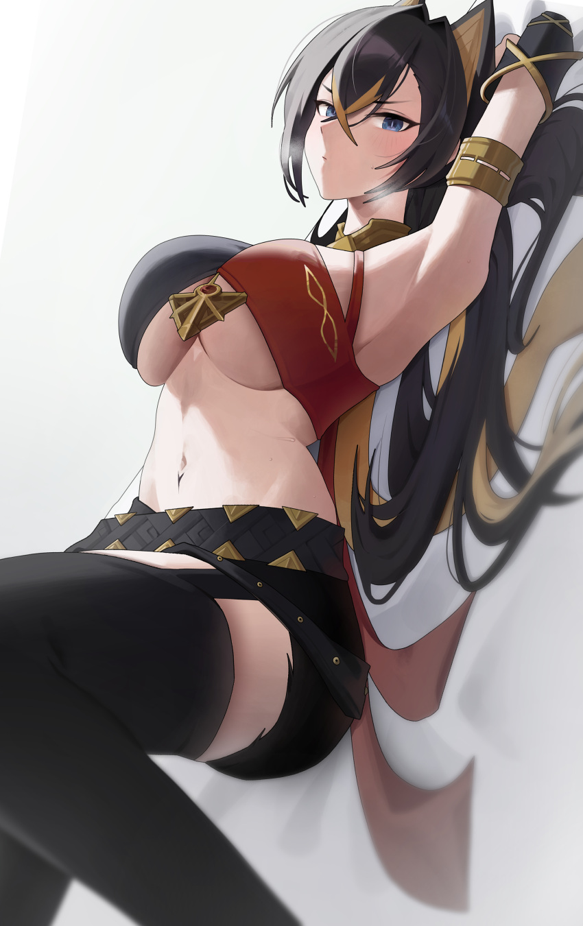 1girl absurdres armlet armpits arms_behind_head asymmetrical_clothes bare_shoulders belt between_breasts black_belt black_gloves black_hair black_shorts black_thighhighs blonde_hair blue_eyes blush breasts breath closed_mouth criss-cross_halter crossed_bangs crossed_belts dangle_earrings dehya_(genshin_impact) earrings elbow_gloves gem genshin_impact gloves gold_choker hair_between_eyes hair_ears hair_intakes halterneck highres jewelry large_breasts long_hair looking_at_viewer lying multicolored_hair navel on_back poko_(poko) red_gemstone shorts single_earring solo stomach streaked_hair sweatdrop thighhighs thighs toned two-tone_hair underboob very_long_hair