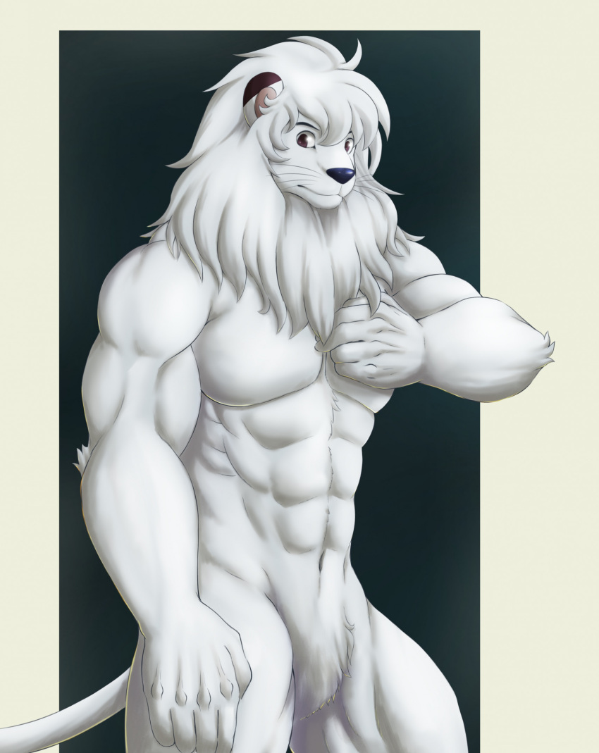 2023 5_fingers abs anthro anthrofied biceps blue_nose brown_eyes chibikoma digital_drawing_(artwork) digital_media_(artwork) dipstick_ears featureless_crotch felid fingers fur hair hi_res kimba kimba_the_white_lion lion looking_at_viewer male mammal mane multicolored_ears muscular muscular_male nude osamu_tezuka pantherine pecs portrait solo tail three-quarter_portrait three-quarter_view whiskers white_body white_fur white_hair white_mane