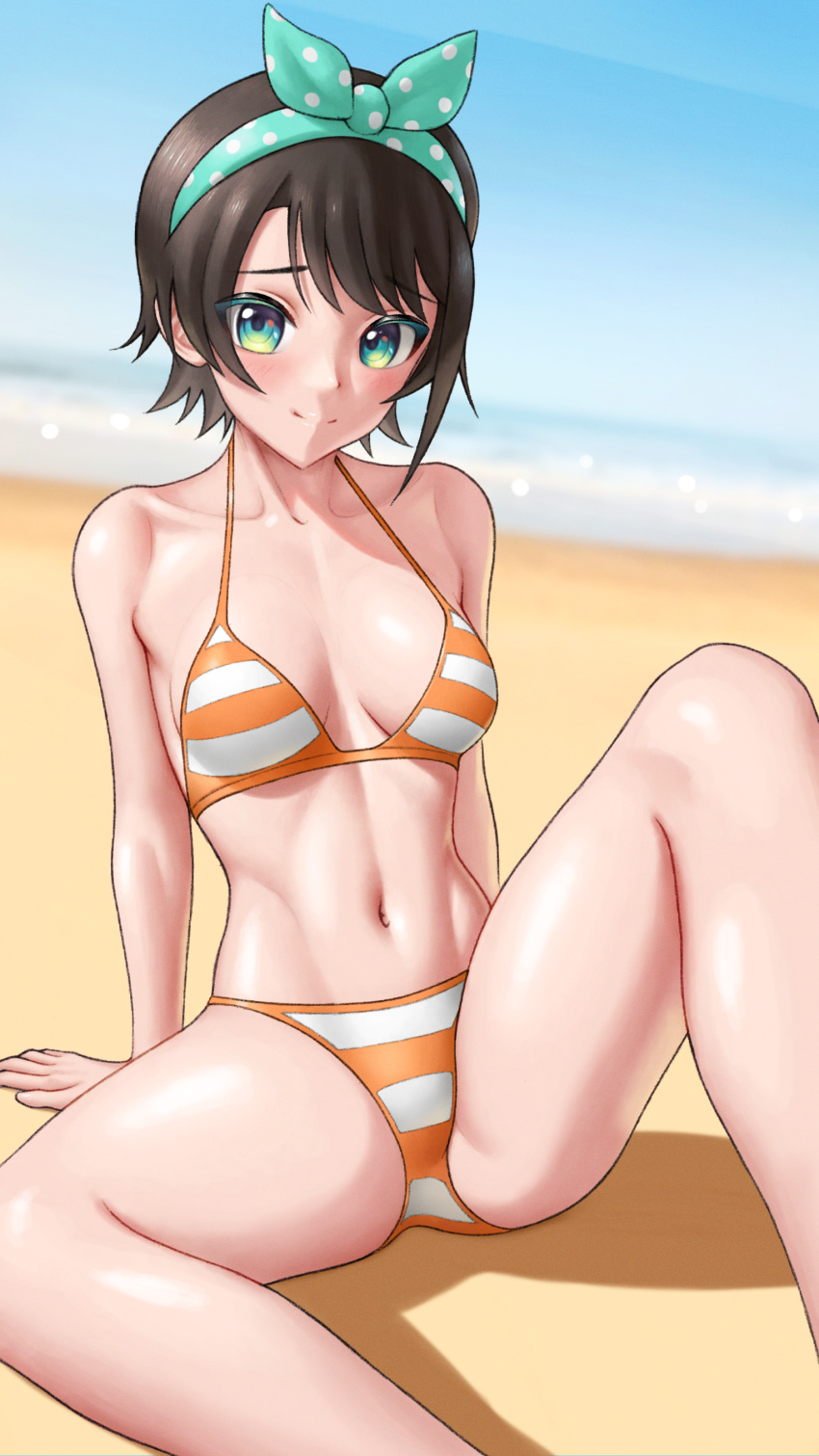 1girl absurdres aqua_eyes beach bikini black_hair breasts english_commentary feet_out_of_frame highres hololive hood looking_at_viewer medium_breasts medium_hair official_alternate_costume oozora_subaru oozora_subaru_(3rd_costume) polka_dot_hairband short_hair sitting skylock smile solo spread_legs swept_bangs swimsuit virtual_youtuber water yellow_bikini